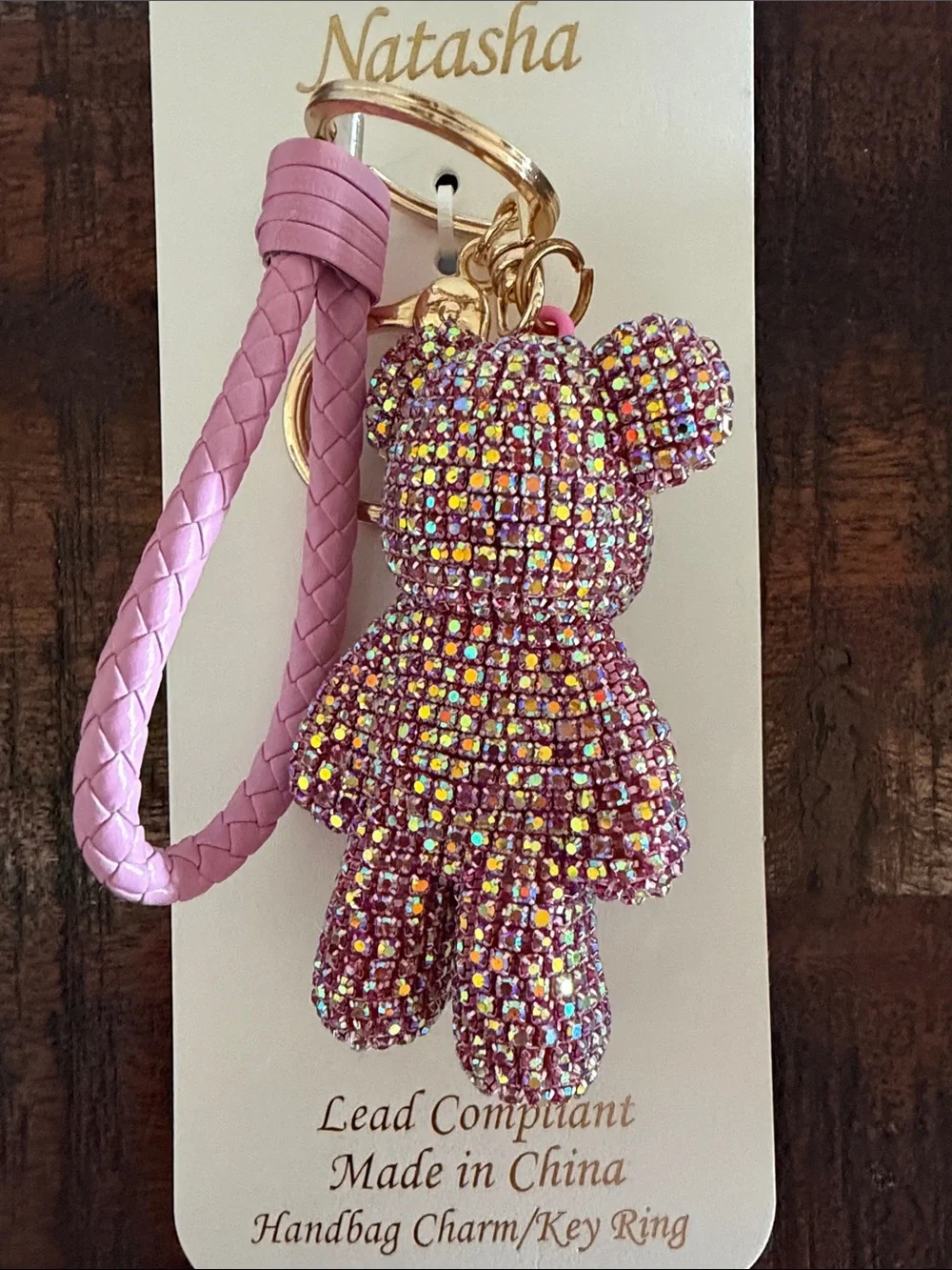 Natasha Couture Pink Crystal Teddy Bear Keyring with Braided Wristlet